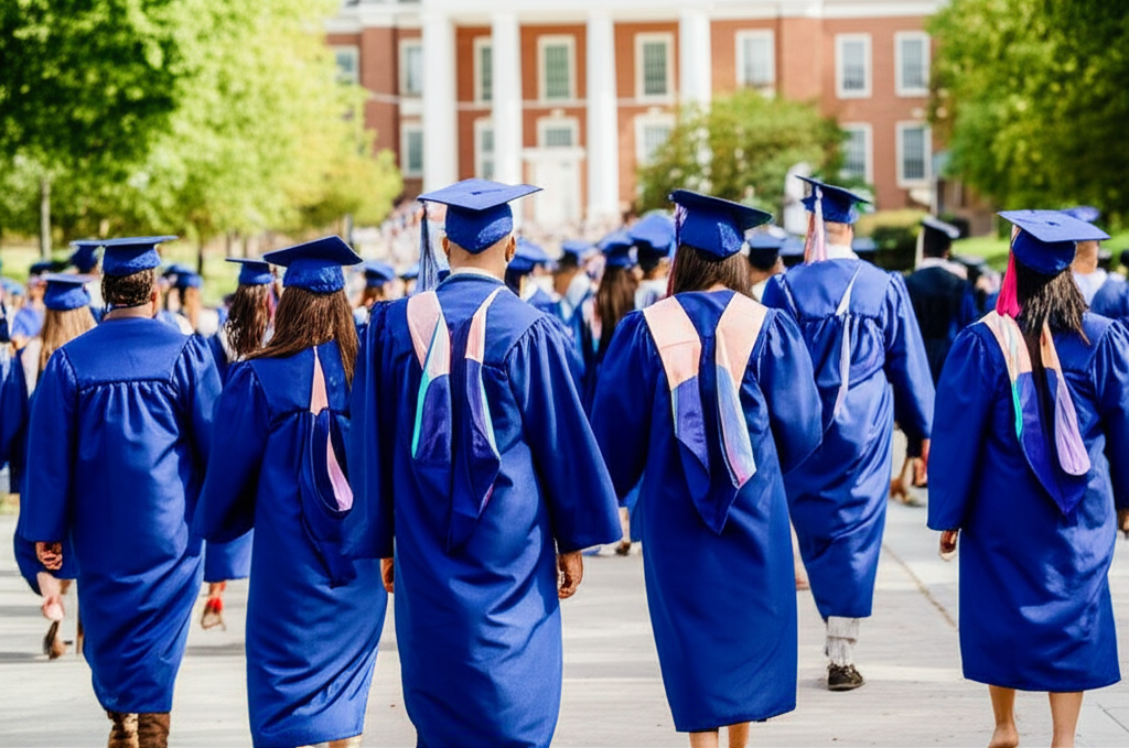 Generate a high-quality, relevant image prompt for an article about: Can Online Students Walk At Gra